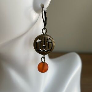 HAND CRAFTED ANTIQUED BRASS JACK O’LANTERN EARRINGS Orange